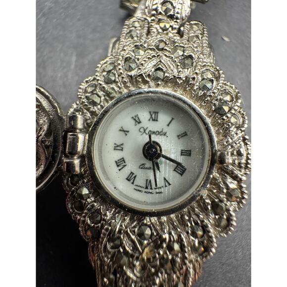 Vtg XANADU Peekaboo Silver Tone Marcasite Quartz Bracelet Womens Watch MOP Dial - Picture 2 of 11